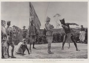 Der Guerillakrieg in Südafrika, eine Indaba im Kraal des Häuptlings Sipolilo durch Captain Peake, 65. Imperial Yeomanry, im Nord-Lo-Majunda-Distrikt